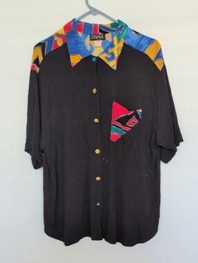 Vintage Black Short-Sleeve Shirt with Colorful Collar